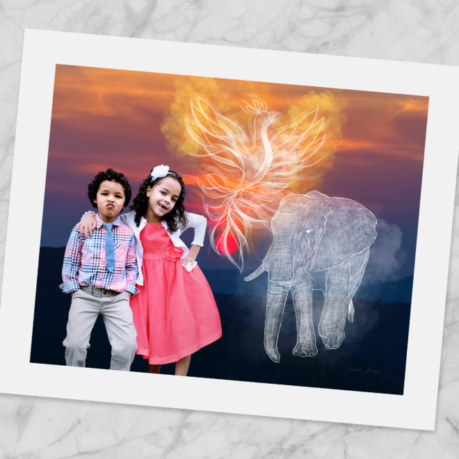 A collage with 2 kids, an elephant, a phoenix