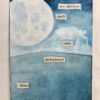 A blackout poem with ink and inktense representing a full moon and landscape