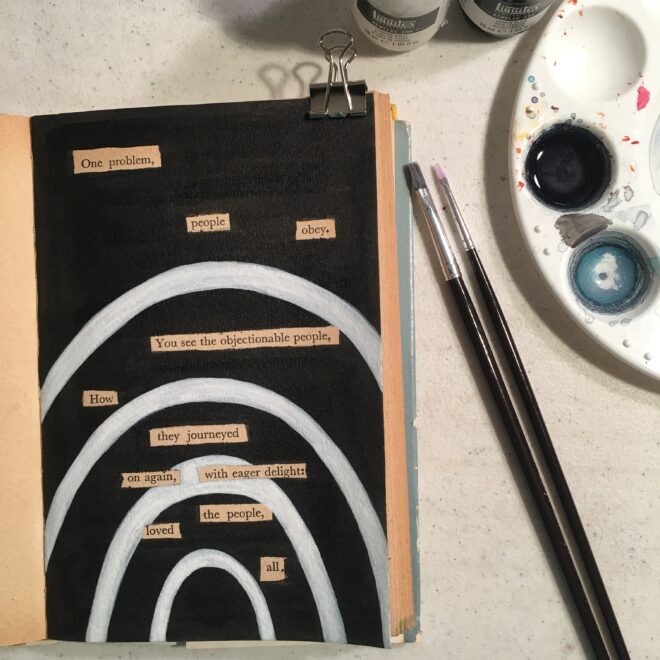 A blackout poem, paintbrushes, a palette