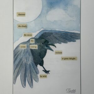 a magnet with blackout poetry and crow art on it
