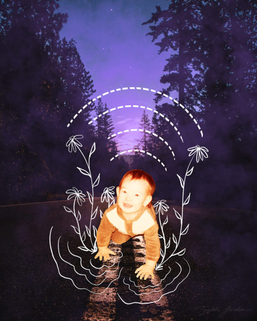 Surreal photo collage with happy crawling baby and drawing of flowers and ripples